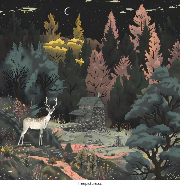 Forest Cabin With Deer And Night Sky