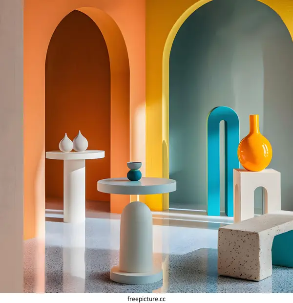 Abstract Interior Design with Colorful Arches and Geometric Shapes