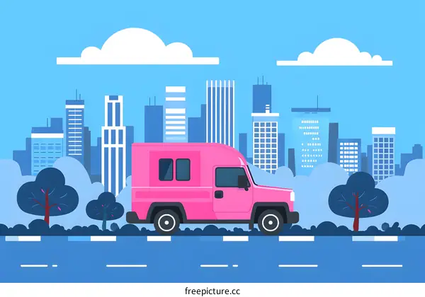 Pink Van Driving Through Cityscape