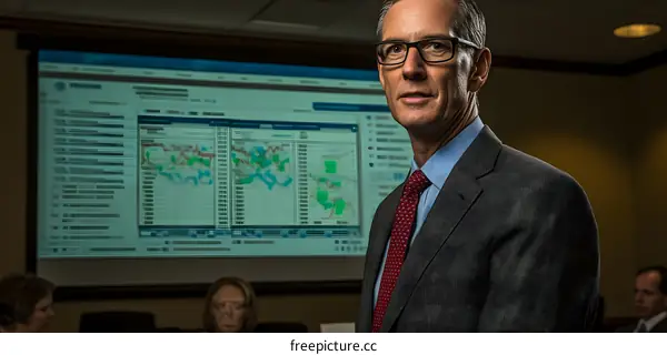 Businessman in Suit Looking at Screen with Data Charts