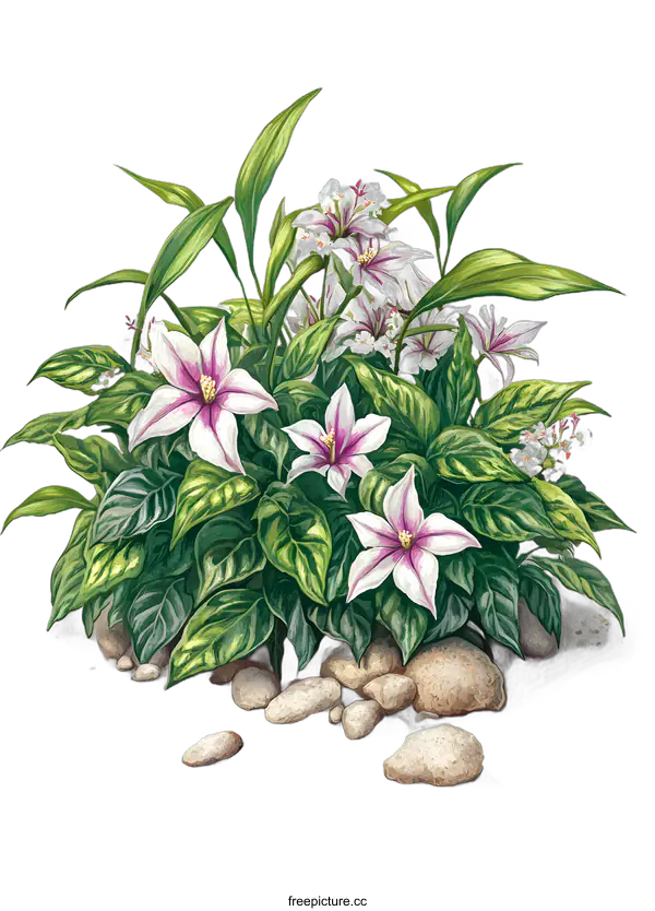 [Transparent Background PNG]White Flowers with Green Leaves and Rocks