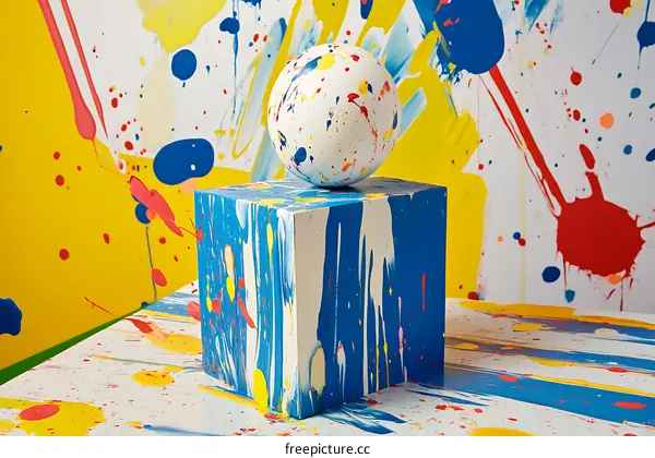 White Ball On Blue Cube With Colorful Splatters