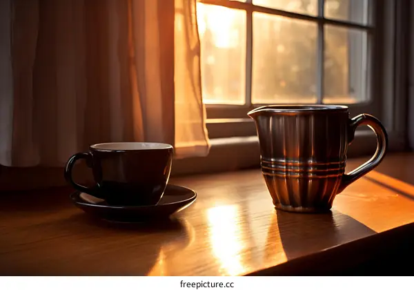 Still life with coffee cup and milk jug in the morning light