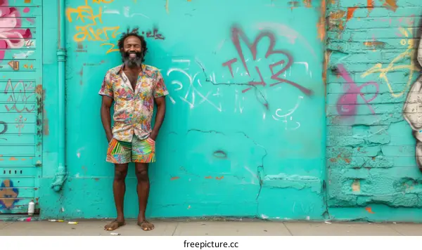 Portrait of a smiling man standing in front of a colorful wall