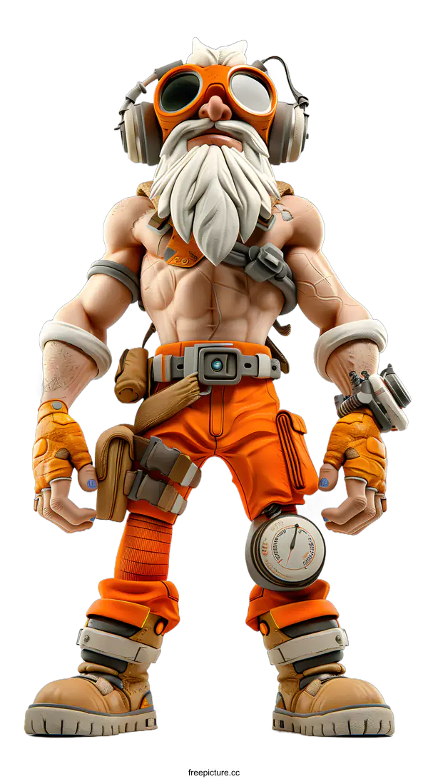 [Transparent Background PNG]A muscular and bearded man with white hair and goggles is wearing an orange jumpsuit and brown boots.