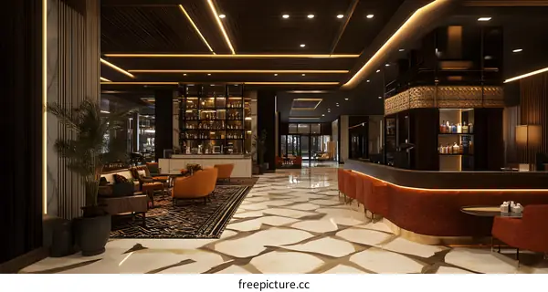 Luxury Hotel Lobby Interior Design With Dark Wood And Gold Accents