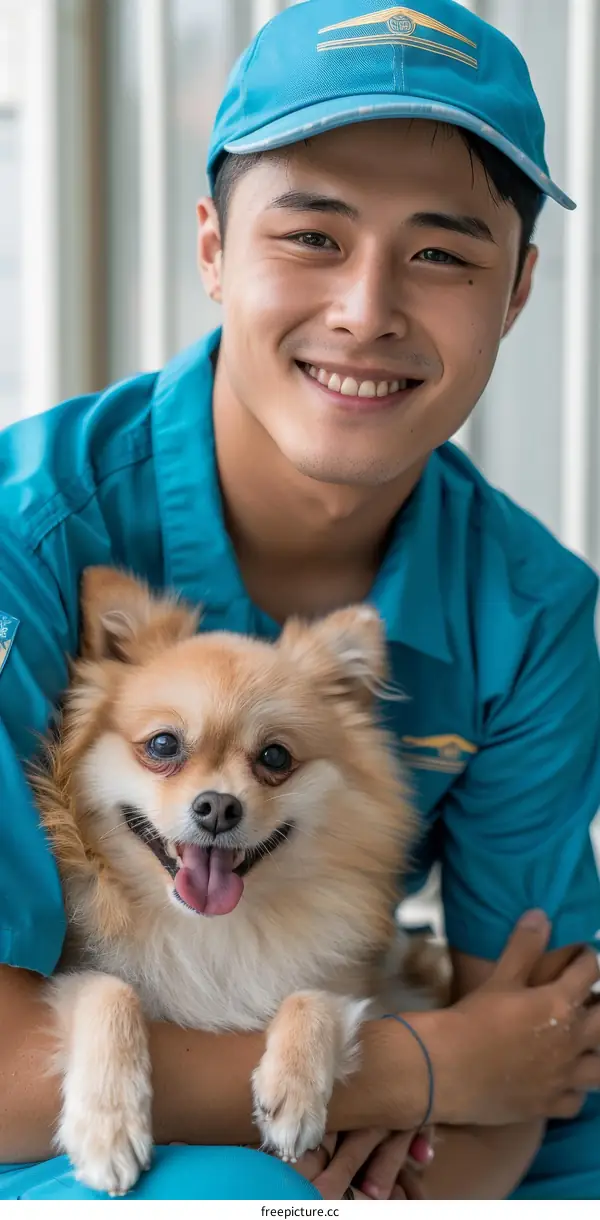 Smiling Asian delivery man with small dog