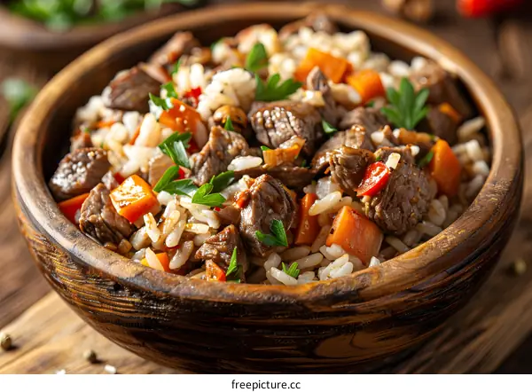 Close Up of Beef and Vegetable Rice