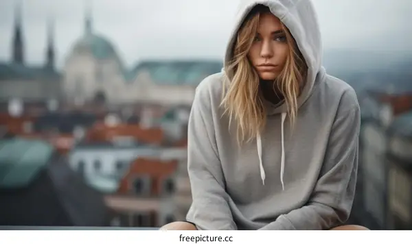 Portrait of a young woman in a gray hoodie looking at the camera with a serious expression on her face