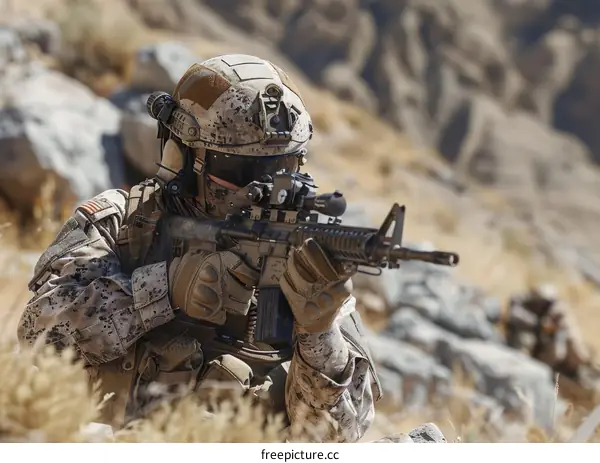 Soldier aiming his rifle in the desert