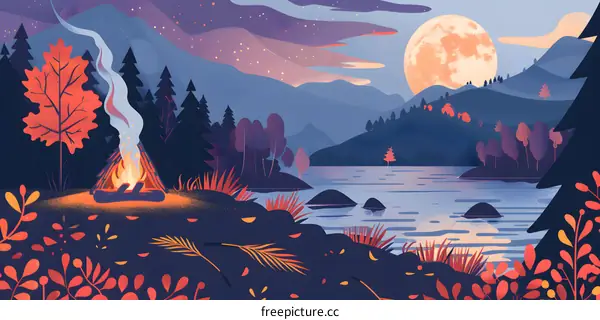 Campfire under the full moon in a forest