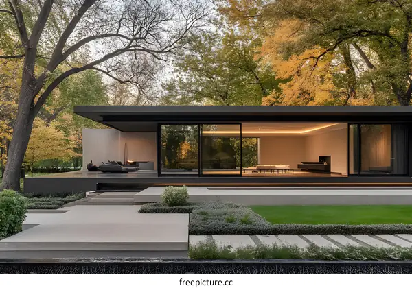 Modern Minimalist House with Large Windows and Landscaped Garden
