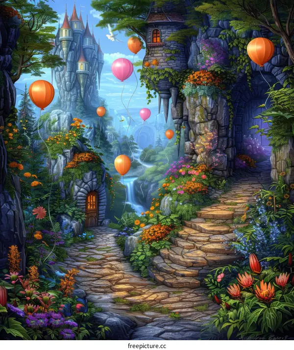 Mystical Mountain Castle Adorned with Vibrant Balloons and Flowers