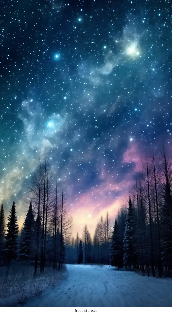 starry night sky over snow covered trees