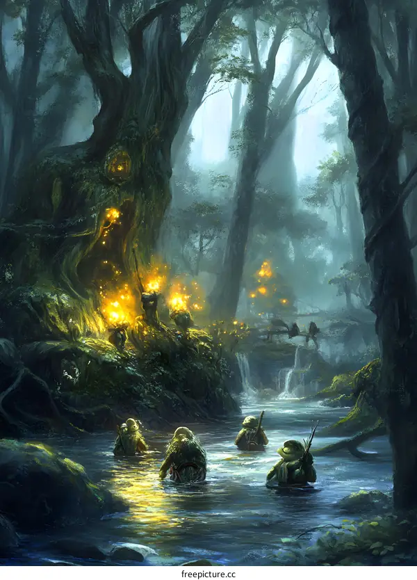 Fantasy Forest Landscape with Creatures and a Waterfall