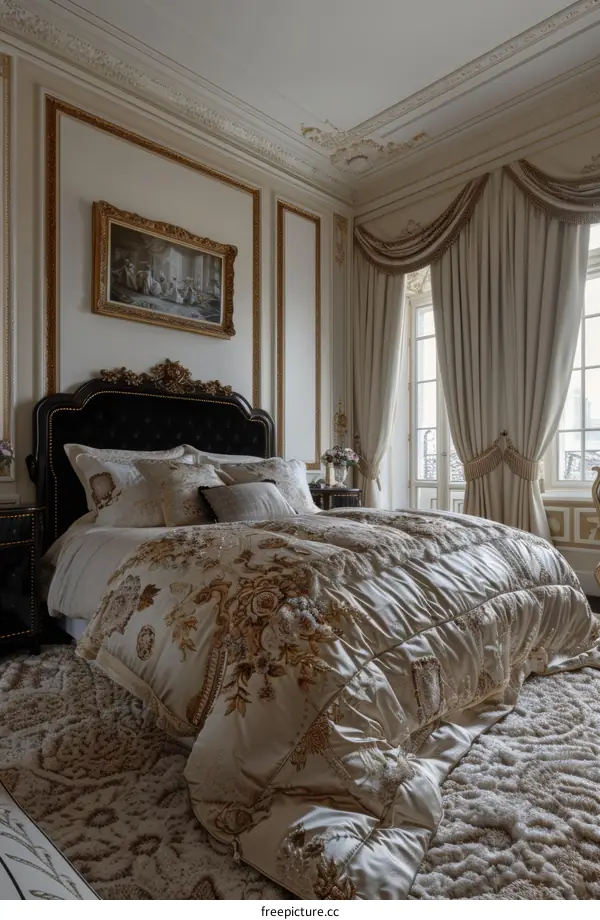 Luxury Bedroom Interior Design with Beige Bedspread and Gold Accents