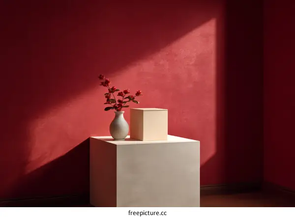 Red Wall Interior Still Life with Vase and Flowers