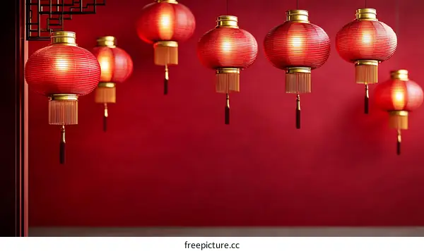 Red Chinese Lanterns Hanging on a Red Background