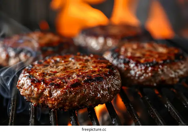 Beef patties are grilled on a flaming barbecue
