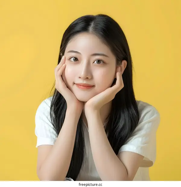 Portrait of a Young Asian Woman with Long Black Hair Smiling