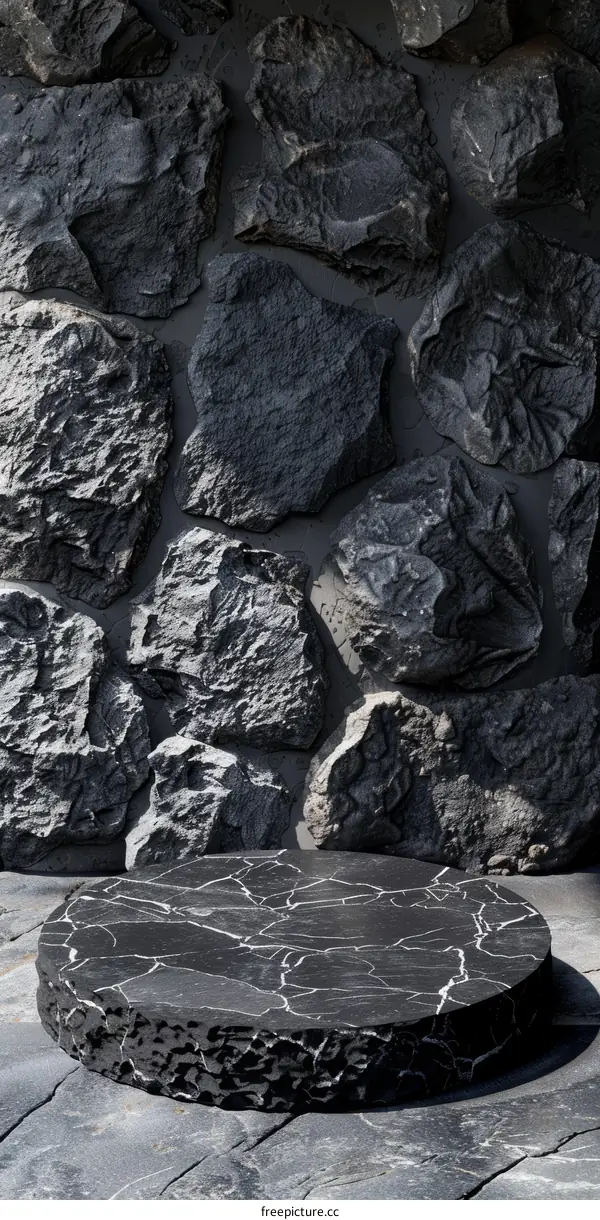 Black marble podium on dark stone background. 3d rendering.