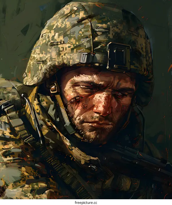 A soldier wearing a camouflage helmet with a sad expression on his face
