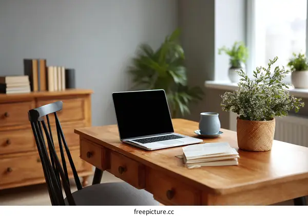 Cozy Home Office Workspace with Laptop