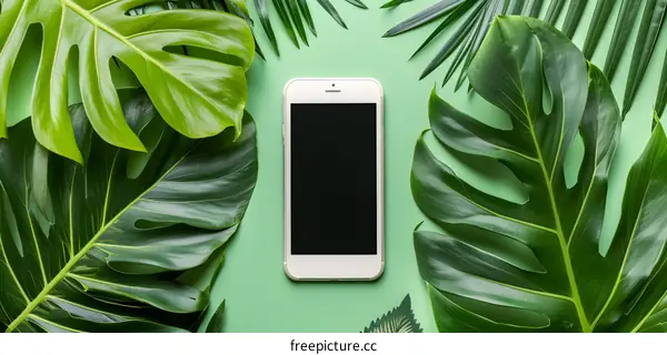 Green Leaves With a White Smartphone