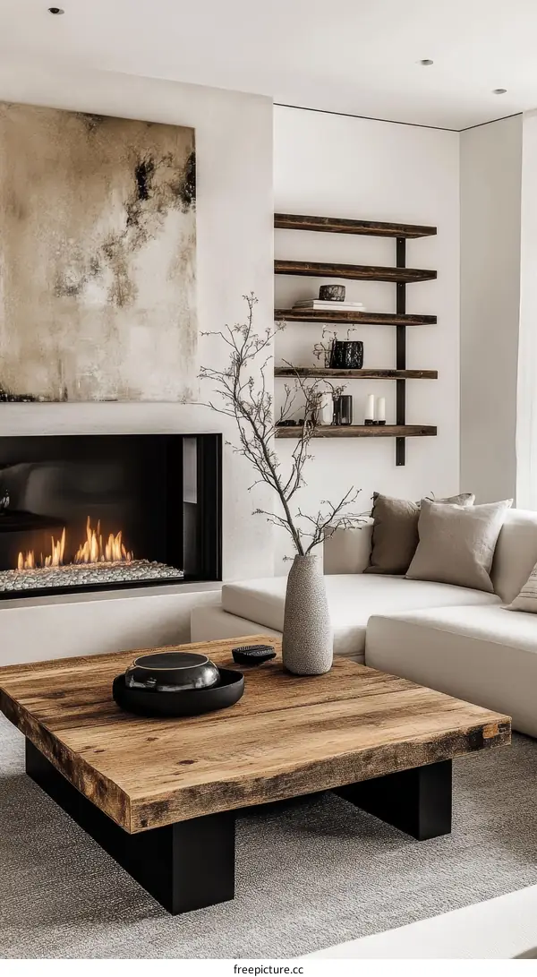 Modern Minimalist Living Room with Wooden Coffee Table