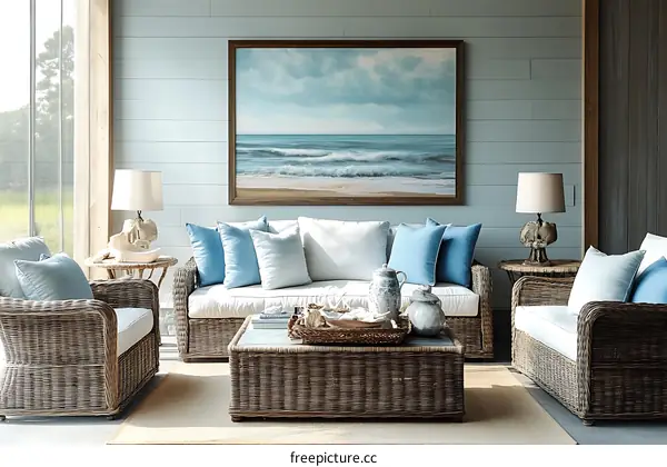 Coastal Living Room with Wicker Furniture