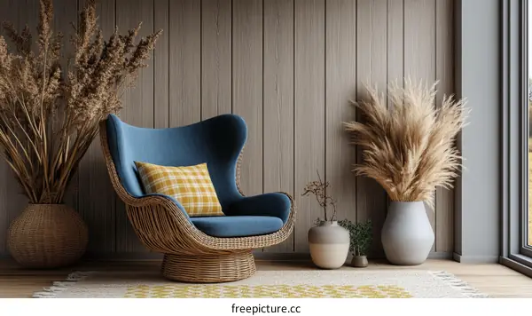Cozy Modern Living Room with  Wicker Chair and Dried Flowers