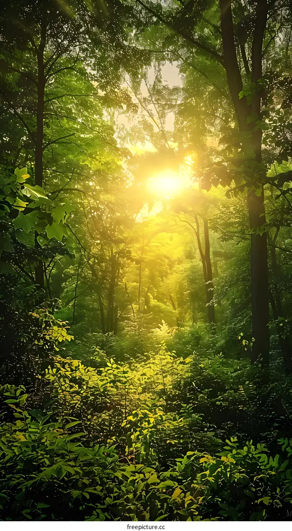 The sun shines through the forest