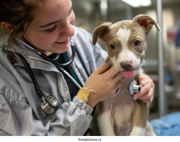 Young veterinarian examining a puppy