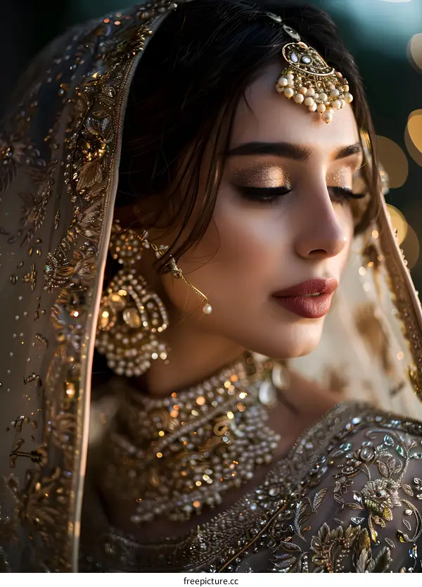 Portrait of a beautiful Indian bride wearing a traditional golden dress