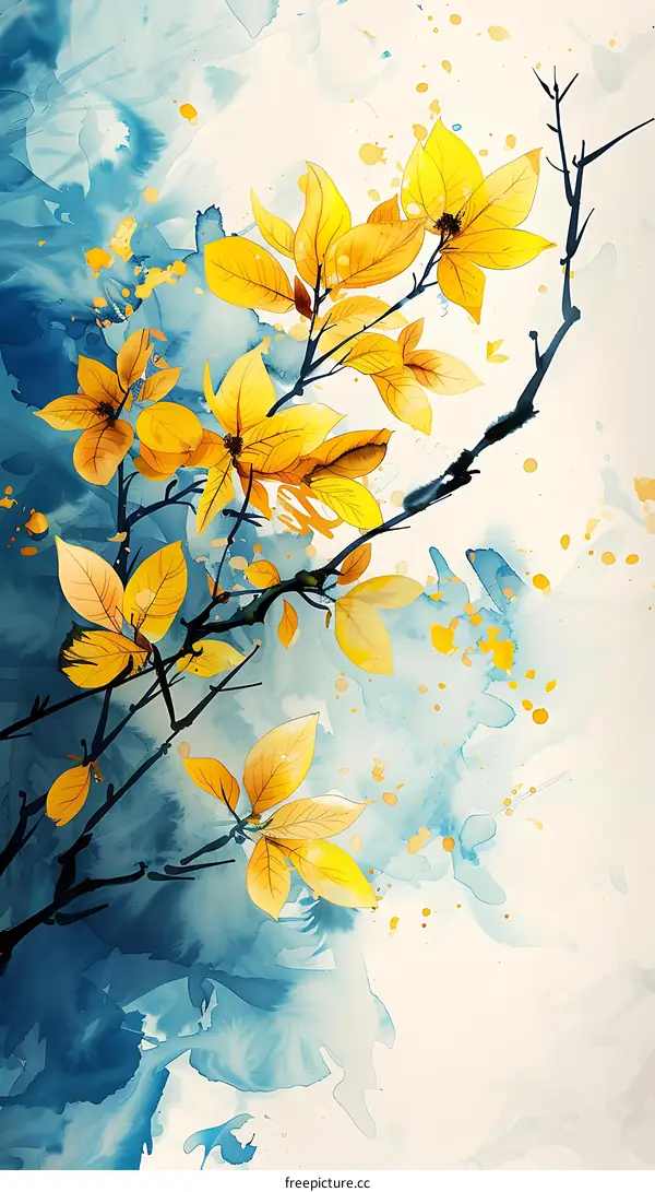 Abstract Watercolor Painting of Yellow Leaves on Blue Background