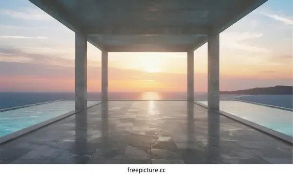 Serene Sunset View from a Modern Pavilion by the Sea