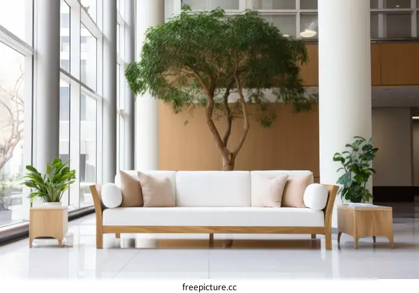 A wooden sofa sits in a modern space with a large tree in the background