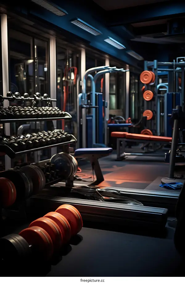 A dark and empty gym with a variety of weightlifting equipment