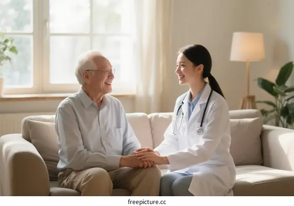 Senior patient and doctor holding hands in consultation room