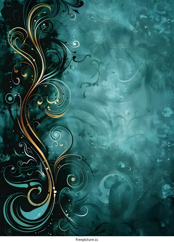 Abstract Swirls and Floral Design with Teal Background