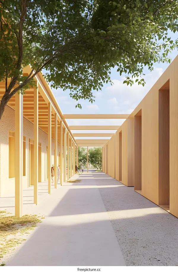 Modern Wooden Architecture Design for Building Exterior With People Walking