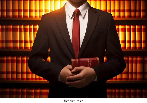 Asian man in suit holding a book in a library