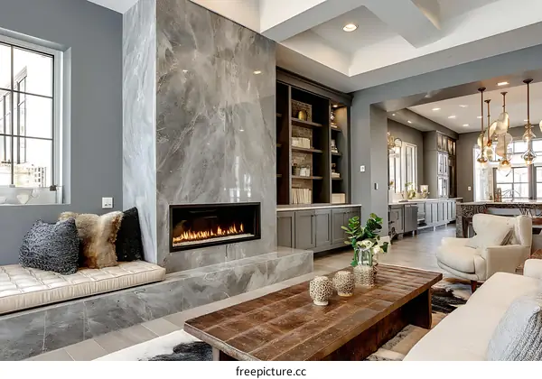Modern Gray Stone Fireplace Living Room