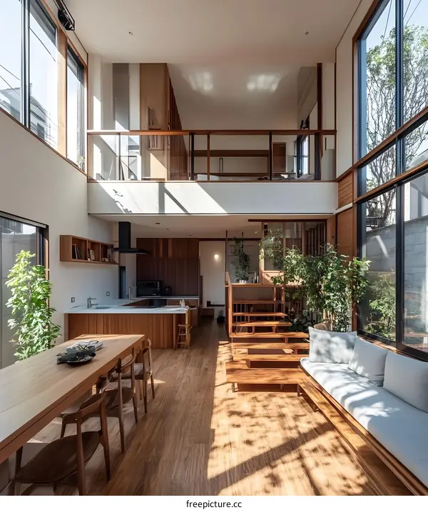 Modern Japanese Home Interior Design With Wooden Floor And Large Windows