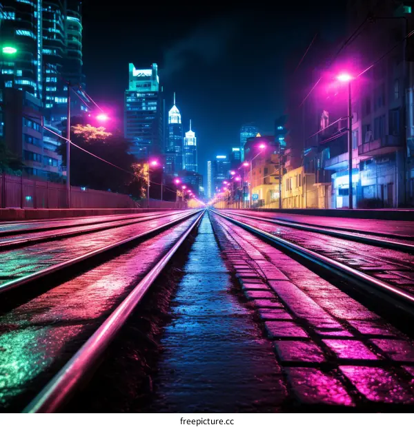 City at night with colorful lights and reflections on wet pavement