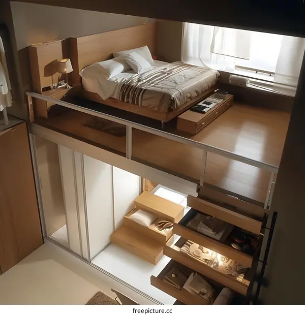 Modern Loft Bedroom With Sliding Closet Doors And Storage Drawers