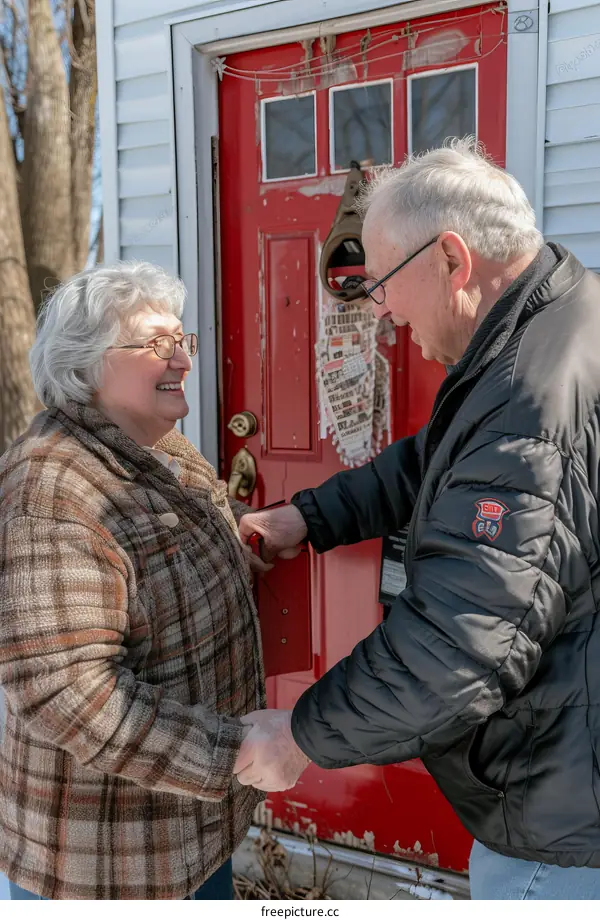 An elderly couple holding hands while unlocking their front door