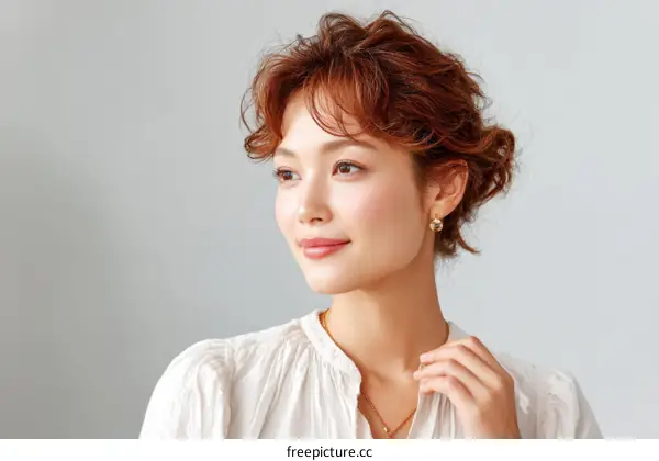 Asian Woman with Stylish Hairstyle and Earrings