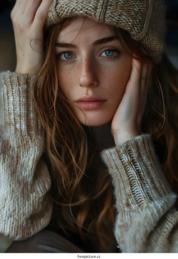 portrait of a young woman with freckles and blue eyes