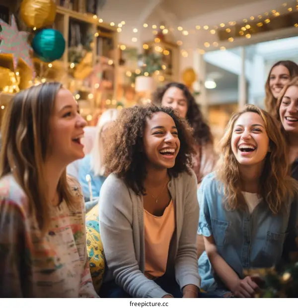A group of diverse women are laughing together in a brightly lit room.